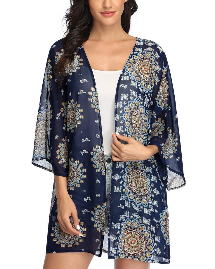 PRICES MAY VARY. Premium Material：This kimonos for women is made of sheer chiffon, lightweight, comfortable, very soft and flowy Unique Design：Open front kimono cover ups, floral print, half sleeve, loose kimono cardigan cover up, boho style, casual kimono cardigan coats, long enough to cover hip. Beat the heat in this sexy beach swimming suit cover up Perfect Outfit：The kimono cardigans for women is perfect for throwing on over your favorite tank top and cut off shorts, over a tunic and legging V-neck Chiffon Beach Cover-up, Bohemian Chiffon V-neck Cover-up, Sheer Kimono With Kimono Sleeves For Summer, Chiffon Cover-up For Vacation, Summer Chiffon Cover-up, V-neck Chiffon Cover-up For The Beach, Spring Beachwear Chiffon Cover-up, Spring Chiffon Beachwear Cover-up, Flowy Chiffon Cover-up For Vacation