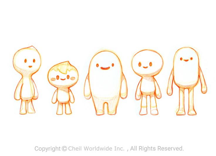 an image of five cartoon characters drawn in orange and white pencils on a white background