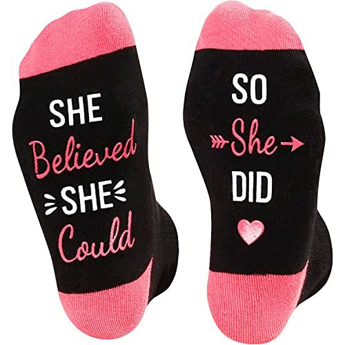 NOTES TO SELF SOCKSNotes to self socks womens. The top and the bottom features a funny secret message written in non-slip ink: “SHE BELIEVED SHE COULD, SO SHE DID”. These motivational socks are made of luxury cotton, which is soft and moisture repellent, wrapping your feet with excellent comfort.SIZE & PACKINGOne size fits most.Inspirational socks for women, motivational socks for women. One size fits all socks, recommend women shoe size 6 - 11; 1 pair of non slip comes in each plastic zippe Funny Letter Print Socks As Gift, Funny Letter Print Socks Gift, Pink Novelty Socks For Gift, Comfortable Pink Socks For Gift, Comfortable Pink Socks For Gifts, Pink Comfortable Socks For Gift, Comfortable Pink Socks As A Gift, Cheer Socks, Notes To Self