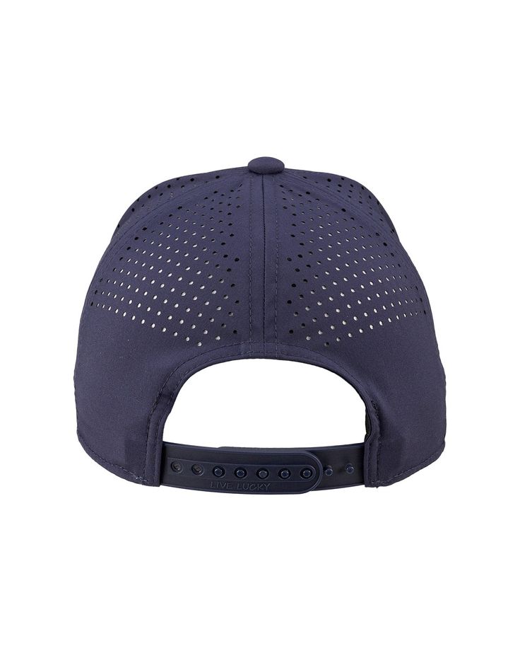 a blue hat with holes on the front