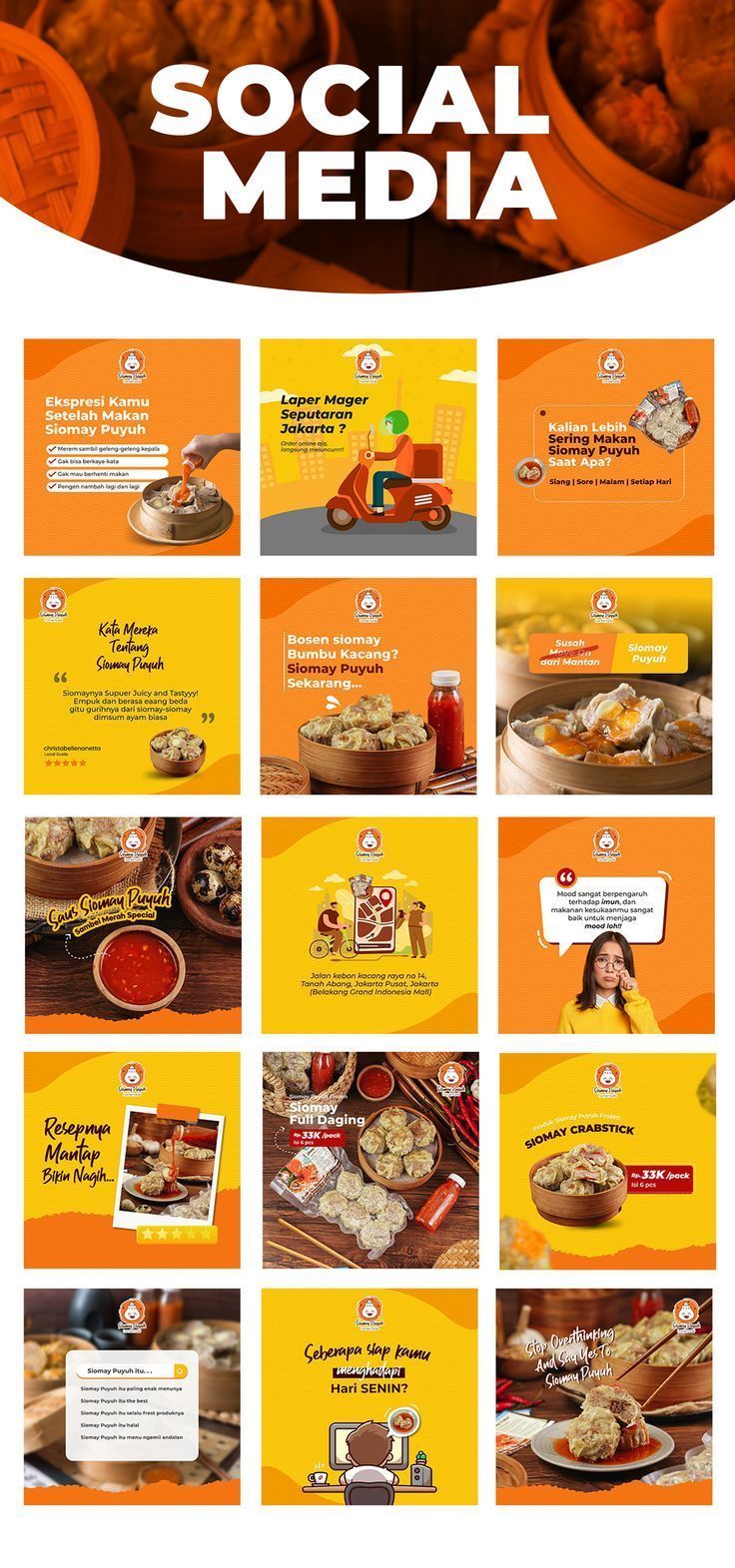 an advertisement for social media with orange and yellow colors on the side, including images of food