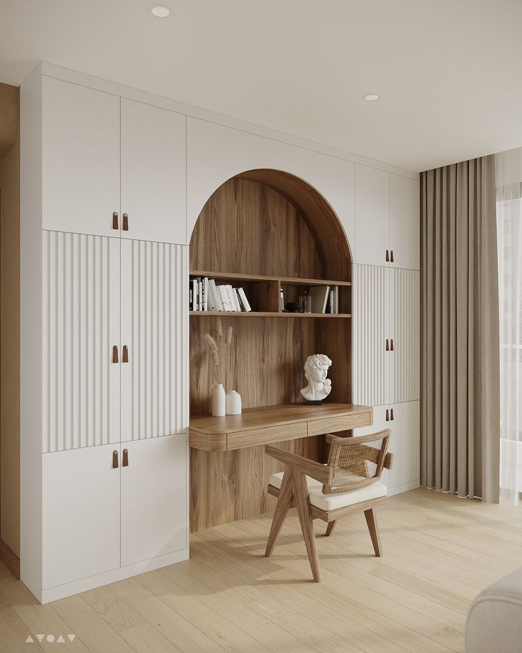 a white and wood room with a desk, bookshelf and chair in it