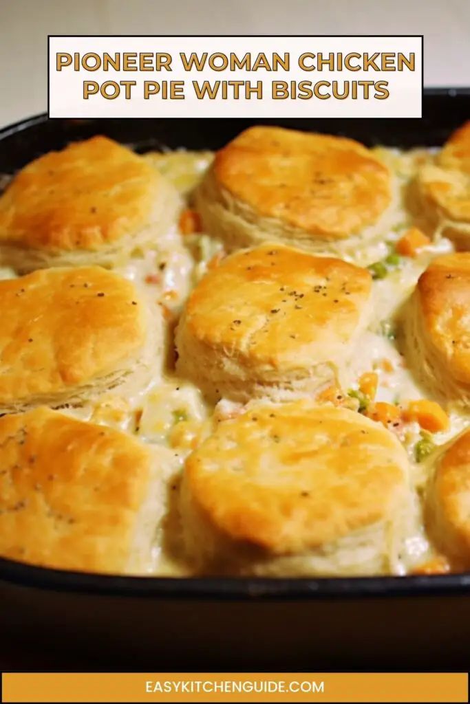 a casserole dish with chicken pot pies in it and the title overlay reads, pioneer woman chicken pot pie with biscuits