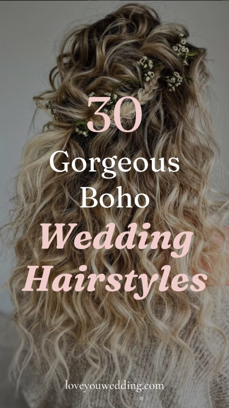 Searching for beautiful boho wedding hairstyle ideas and inspiration? We�’ve compiled 30 stunning boho bride hairstyles for long, medium, and short hair. Whether you’re interested in boho hairstyles down, half up, updos, with braids, with veils, or boho bridesmaid hairstyles, we have the best boho wedding beauty inspiration for your wedding day. Hair For Wedding Bride Half Up Half Down, Bridal Hair For Beach Wedding, Boho Half Up Half Down Wedding Hair, Boho Hair Styles Wedding, Veil With Braid, Long Hairstyles Boho, Boho Hairstyles For Wedding, Boho Hairstyles For Long Hair Wedding, Bridal Boho Hairstyles