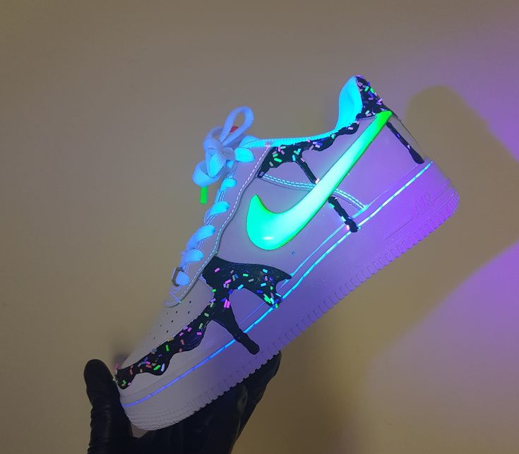 😍Wow They Literally Glow Stand out with these custom Air Force 1 sneakers in a bright 3D neon theme. 3d colourful neon luminous ticks. -The shoes are hand decorated with leather high quality paint for a dope look. Perfect for any occasion, from activewear to casual outings, these shoes are a must-have addition to your shoe collection. A hot trending customisation style , making them unique. Ideal for weddings, parties, or casual wear, these sneakers are a perfect blend of style and comfort. Get Custom Nike Shoes Women, Costom Shoes, Glow In The Dark Shoes, Casual Shoes Women Sneakers, Nike Shoes Women Fashion, Air Force 1 Sneakers, Pretty Sneakers, Nike Fashion Shoes, Preppy Shoes