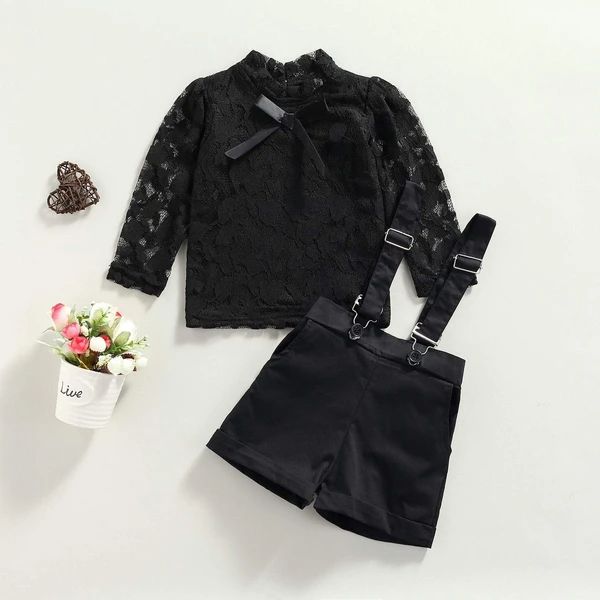 Cheers To New Arrival - Momorii Black Lace Top Outfit, Lace Top Outfit, Black Jumpsuit Outfit, Suspender Shorts, Embroidered Lace Top, Top Kids, Black Lace Top, Black Blouse Long Sleeve, Jumpsuit Outfit