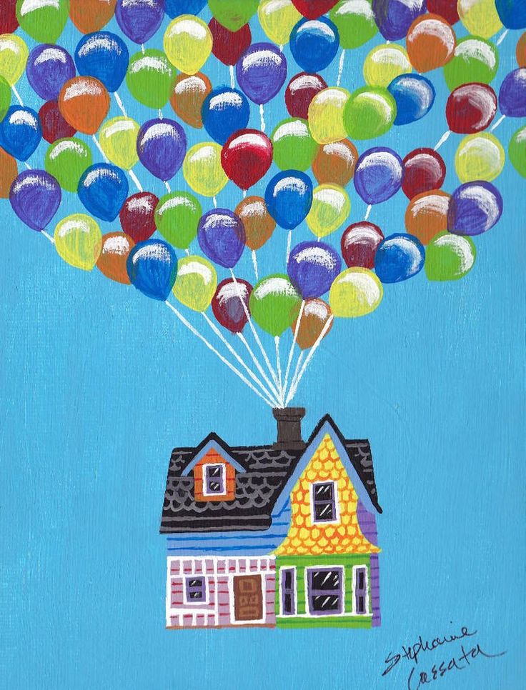 a painting of a house with many balloons in the air above it, on a blue background