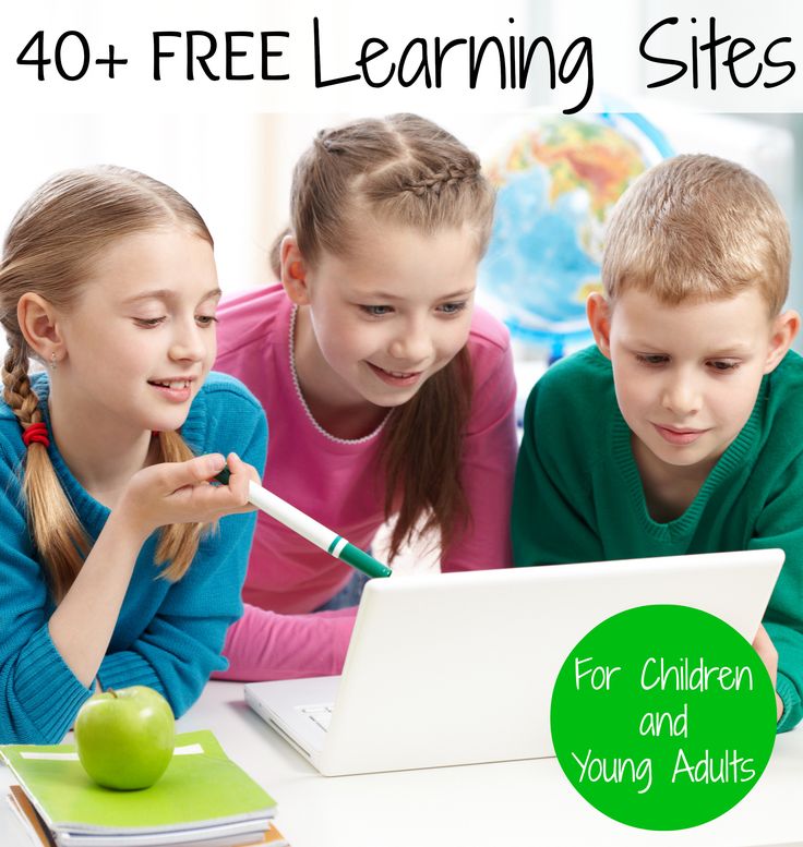 three children looking at a laptop with the text 40 + free learning sites for children and young adults