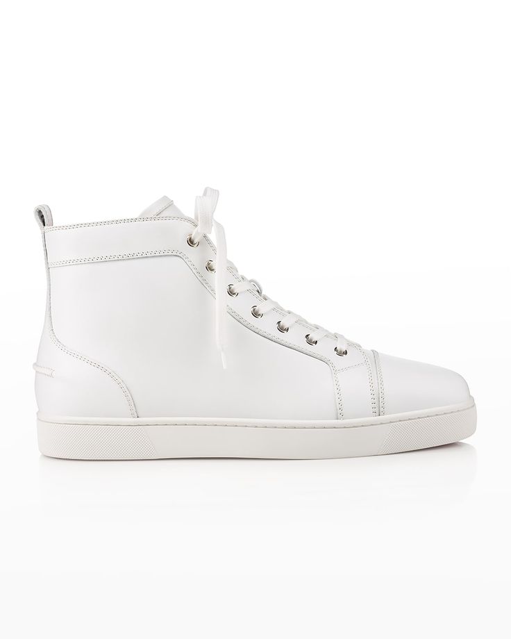 Christian Louboutin "Louis" leather high-top sneaker. Round cap toe. Lace-up front. Rubber outsole. Made in Italy. Christian Louboutin Shoes Sneakers, Feminine Shoes, Studded Sneakers, Hightop Sneakers, Christian Louboutin Men, Leather High Tops, Latest Sneakers, Black Sneakers, White Sneakers