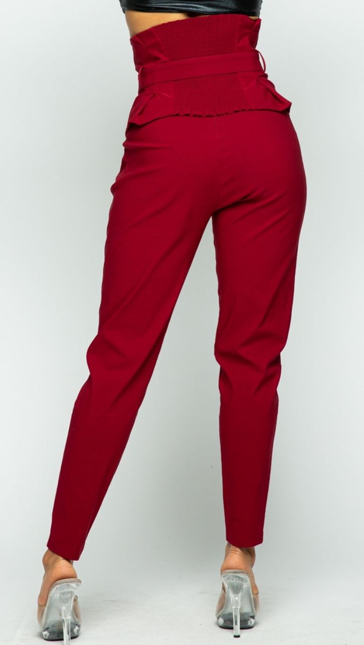 Burgundy High Waist Pants Belted Skinny Pants Pleated Stretch Zipper 70% RAYON 26% NYLON 4% SPANDEX Pull-on Style High-waisted Wide Leg Pants For Business Casual, Fall Dress Pants With Elastic Waistband And Tapered Leg, Stretch Elastane Trousers, Solid Ankle-length Pants For Work, Stretch High Waist Work Pants, Non-stretch Tapered Leg Pants With Elastic Waistband, Solid Elastane Trousers, Workwear Trousers With Pull-on Style, Pull-on Style Trousers For Work