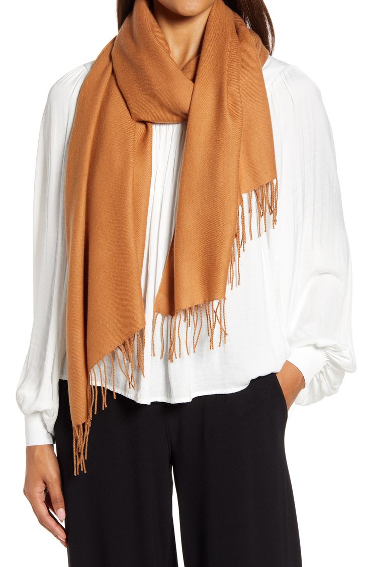 Long fringe tips a tissue-weight scarf woven in a soft blend of wool and cashmere. 28" x 74"; 3" fringe. 70% wool, 30% cashmere. Dry clean. By Nordstrom; imported. Wine Colored Scarf, Buffalo Plaid Scarf, Plaid Shawl, Cable Knit Scarf, Over 60 Fashion, Cashmere Wrap, Long Fringe, 60 Fashion, Knit Infinity Scarf