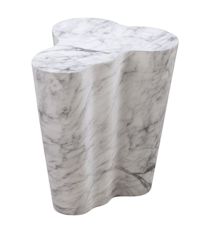 a white marble side table with an irregular shaped design on the top and bottom, against a white background