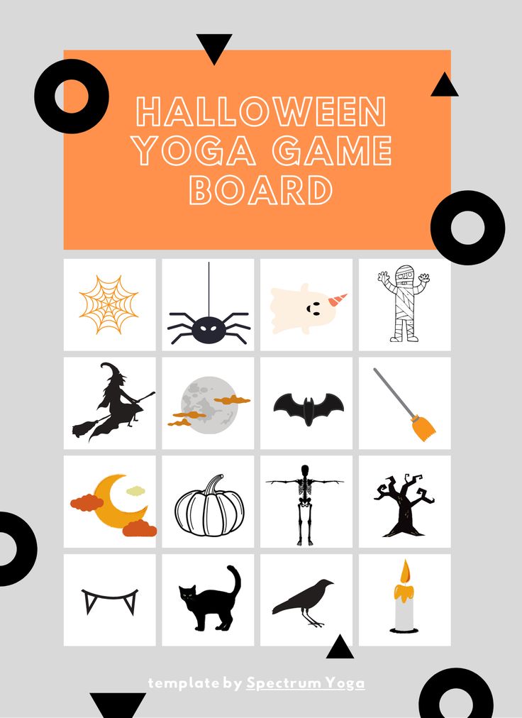 the halloween yoga game board is shown in orange and white with black lettering on it