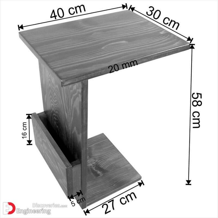 a wooden table with measurements for the top and bottom section, including an open drawer