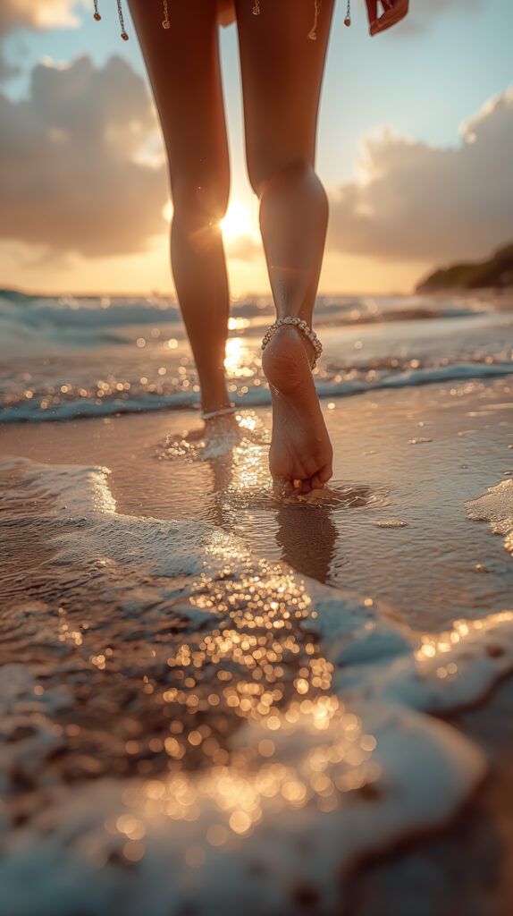 a person walking on the beach with their feet in the water at sunset or sunrise