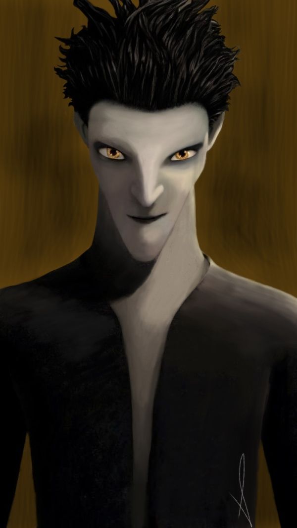 an animated image of a man with black hair and yellow eyes, wearing a black shirt