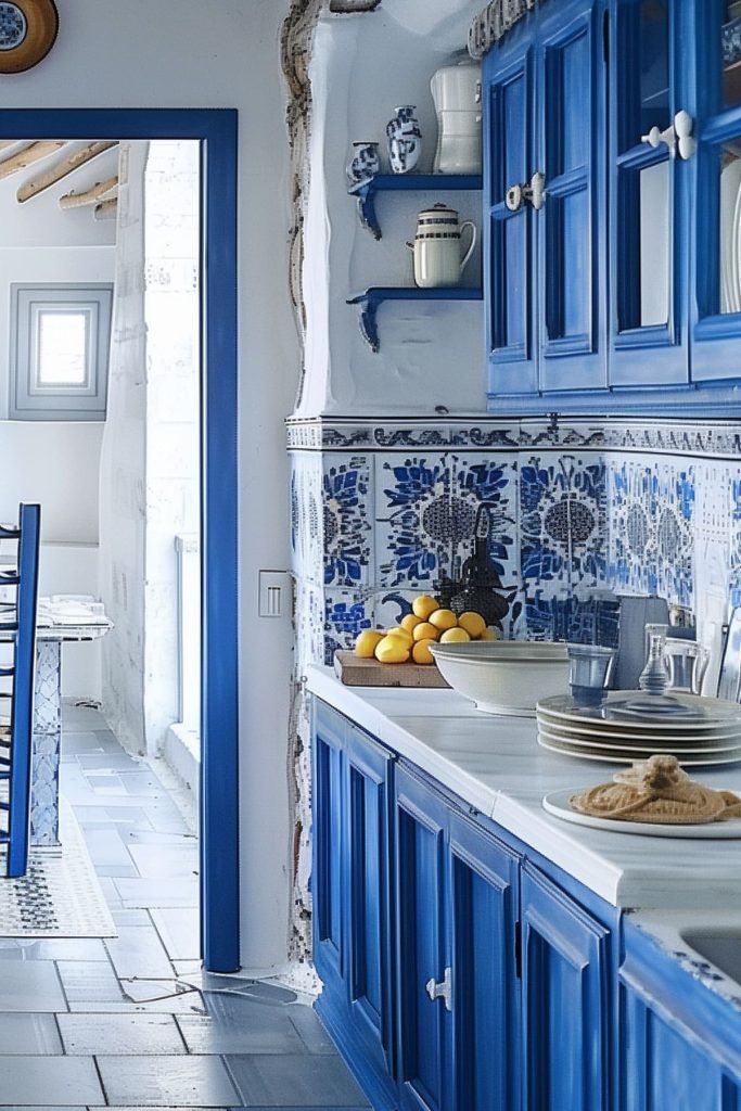 a kitchen with blue cabinets and white counter tops, along with an open door leading to the dining room