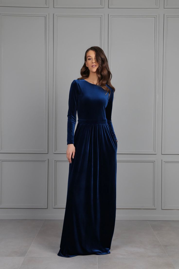 "Bridesmaid Velvet Dress. Gown Dress for Women. Our Dresses made from High Quality Fabric. ❖ If you wish other neckline, back, sleeves, slit, pockets.. write it in order's note. ❖ Material is quality, flexible and stretchy. ❖ The top of the dress is lined. ❖ In my shop the size scale is different. Please read the dress description and find your size. ❖ Ordering the dress, write a note with your height without shoes, bust, waist, hips measurements, how high shoes heels will be. (XXS) US 0 /UK 2/- Round Neckline Dress, Teal Bridesmaid, Winter Bridesmaids, A Line Long Dress, Velvet Dress Long, Long Sleeve Velvet Dress, Blue Velvet Dress, Dresses Formal Elegant, Dress Velvet