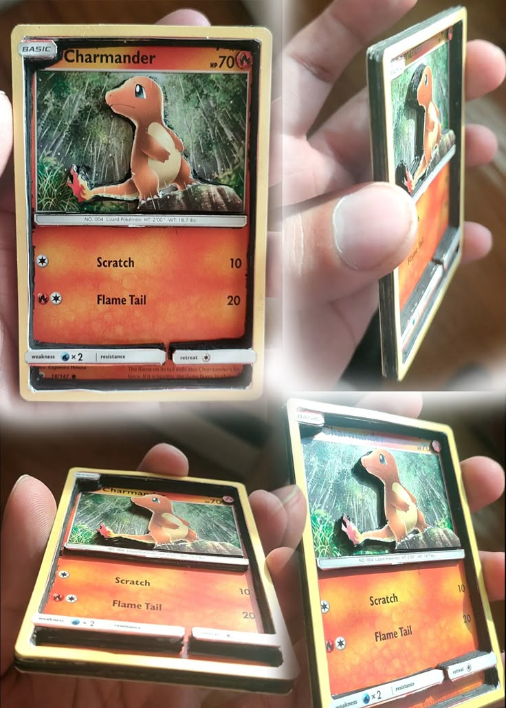 three pictures of someone holding some type of pokemon card in their left hand and the other one has an image of a duck on it