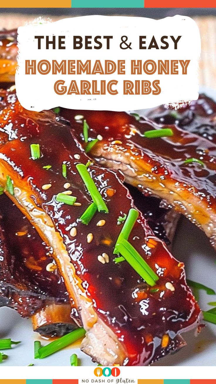 the best and easy homemade honey garlic ribs on a white plate with green garnish