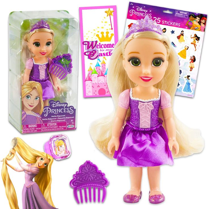 the doll has blonde hair and is wearing a purple dress with a tiara on it