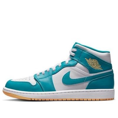 The Air Jordan 1 Mid 'Aquatone' is a stylish and modern sneaker that is perfect for everyday wear. Featuring a full leather upper with mesh tongue and lining, the sneaker has a white base with a water blue overlay and Swooshes logo. The brand and rubber outsole are finished off with a peachy hue. Inspired by the classic Air Jordan 1 silhouette, this sneaker is sure to turn heads. Perfect for casual or streetwear, the Air Jordan 1 Mid 'Aquatone' is a must-have for any sneakerhead. (AJ1/SNKR/Retro/Mid Top/Women's/Non-Slip/Basketball/Wear-resistant/Shock-absorbing) White High-top Custom Fade-resistant Sneakers, Casual Leather Basketball Shoes With Breathable Design, Modern Mid-top Jordan Shoes With White Sole, White Fade-resistant Mid-top Sneakers, Sporty Green High-top Sneakers, Fade-resistant, High-top Fade-resistant Skate Shoes With White Sole, High-top Skate Shoes With White Sole And Fade-resistant, Breathable Low-top Jordan Shoes With White Sole, Breathable Low-top Jordan Shoes