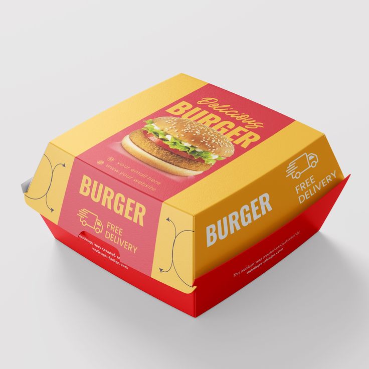 a burger box that is yellow and red