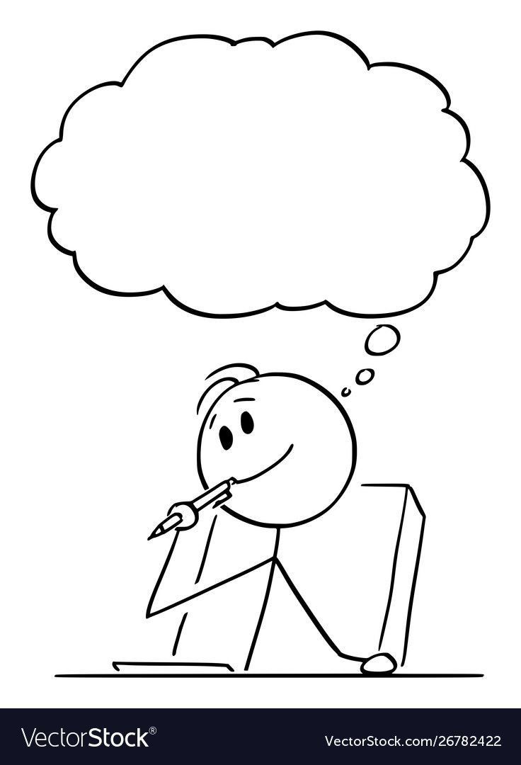 a cartoon man thinking about something with a thought bubble above his head on a white background