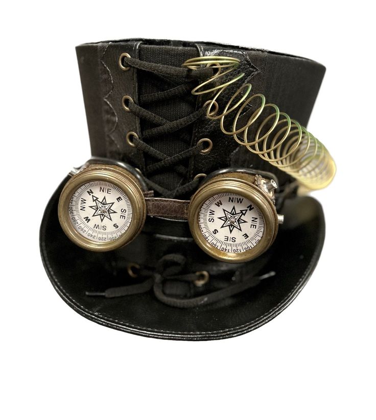 steampunk Top hat Gothic top hat. Hand crafted metal rustic Goggles  This is a black suiting fabric with leatherete trim top hat  design Steampunk  top hat by SDL. It has a front and back corseted detail and has spring detail to the side please refer to photos .  It also has  a pair of rustic tartished ( for extra character)  metal goggles with  cog detail and  compass inserts . The sides of the metal goggles has a rustic cog bolts design. Please note any markings or creases in the fabric is not Vintage Black Hat Bands For Outdoor, Steampunk Adjustable Costume Hats And Headpieces, Steampunk Adjustable Top Hat For Festivals, Adjustable Steampunk Top Hat For Festivals, Steampunk Costume Top Hat, Adjustable Steampunk Top Hat For Themed Events, Black Steampunk Costume Hats And Headpieces, Vintage Black Top Hat For Themed Events, Vintage Black Adjustable Top Hat