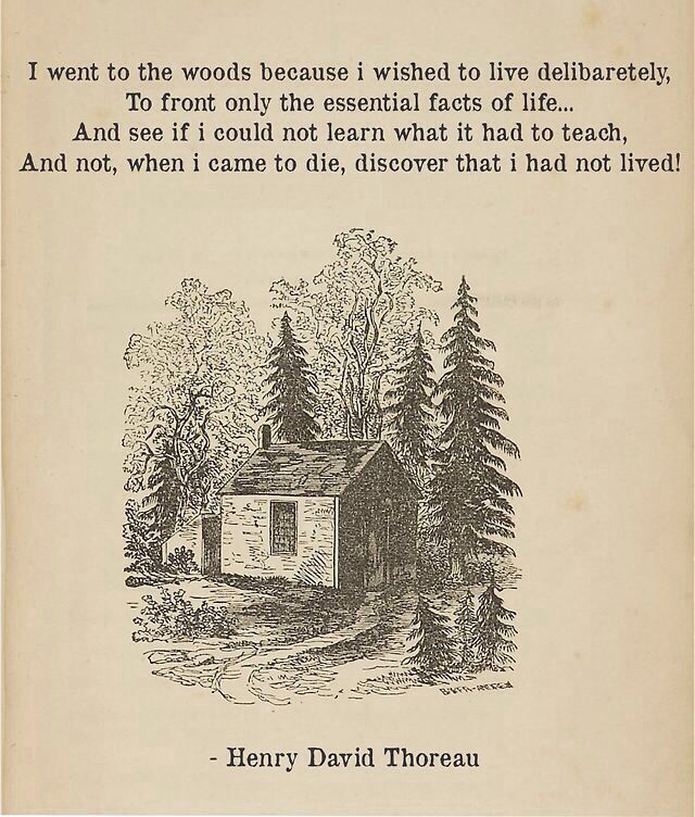 an old book with a drawing of a cabin in the woods and text that reads, i went to the woods because i wanted to live