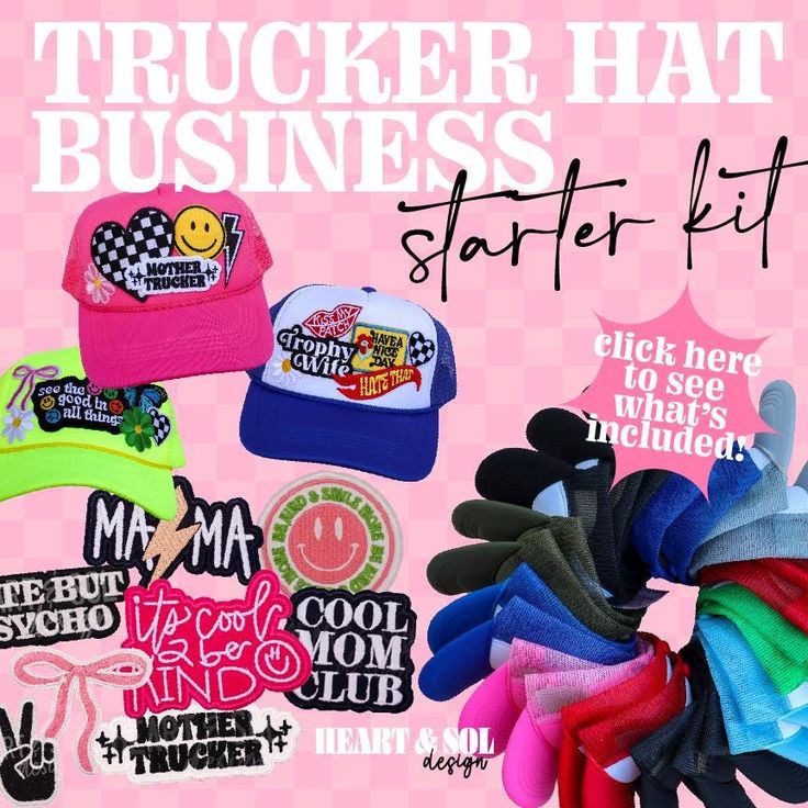 Custom trucker hats are all the rage! If you are looking to start your own trucker hat business or add value to your existing business, you are in the right place!! This starter kit is valued at $850! It will give you EVERYTHING you need to know and all the supplies to dive into the trucker hat bar craze! With your choice of heat press and our starter kit, you will be ready to rock and roll! WHAT'S INCLUDED: 125 of our crowd favorite iron on patches 25 foam trucker hats in our most popular colors A comprehensive start up guide Personal discount code to shopheartsol.com 1 on 1 call with the owner of Heart & Sol Patch display, foam head, and other necessary supplies to create from day one! Cheap Trucker Hat With Letter Print And Curved Bill, How To Start A Hat Bar, Trucker Hat Bar Display Ideas, Trucker Hat Bar, Patch Display, Wife Day, Hat Business, Patches Display, Funny Trucker Hat