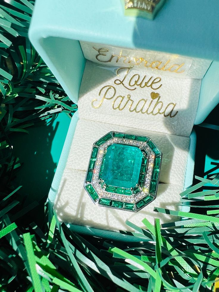 an emerald and diamond ring sits in a box on the ground next to some leaves