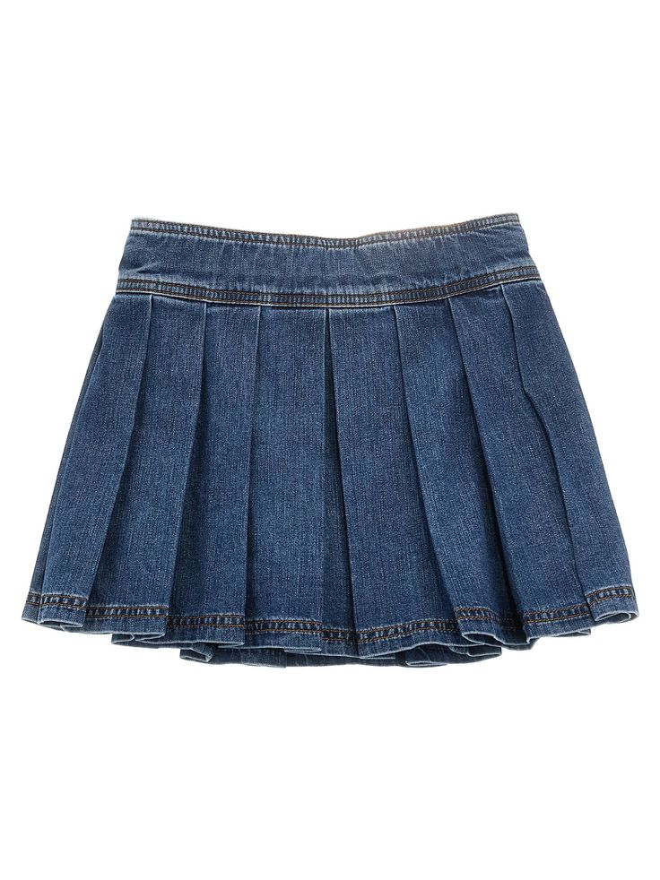 KIDS Pleated cotton denim skirt with front 'Medusa' button closure. Composition: 100% cotton Denim Blue Cotton Pleated Skirt, Pleated Denim Blue Cotton Skirt, Pleated Medium Wash Cotton Denim Skirt, Medium Wash Cotton Pleated Skirt, Cotton Denim Mini Skirt For School, Cotton Mini Denim Skirt For School, Cotton Medium Wash Bottoms For School, Cotton Denim Skirt For School, Denim Mini Skirt For School