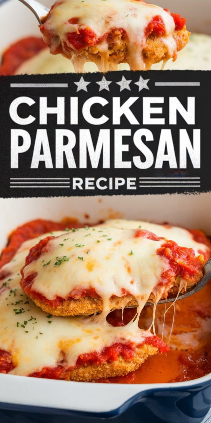 chicken parmesan is being lifted from a casserole dish with a spoon