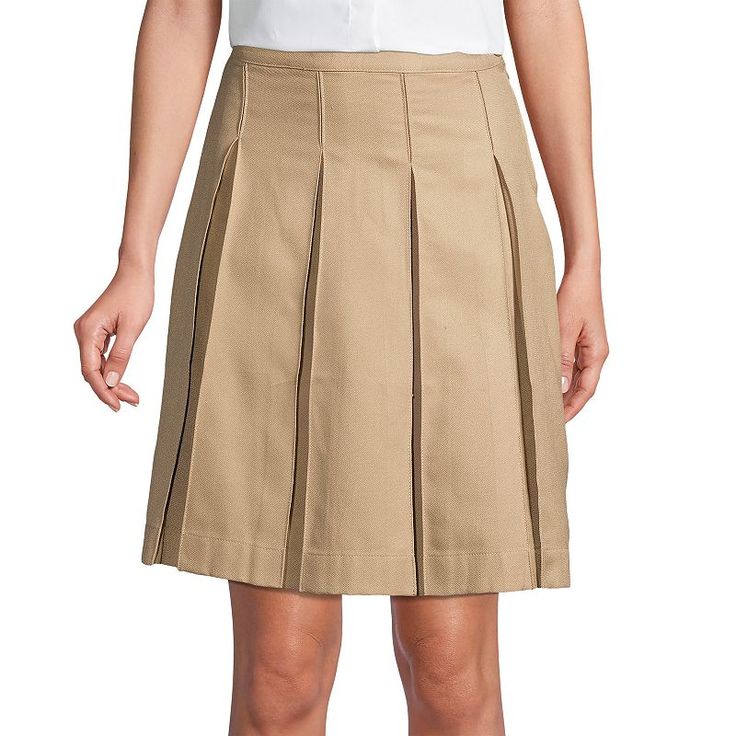 This box pleat skirt from Lands' End features classic pleats in an easy-care blend fabric that resists wrinkles and fading so you look A+ all school day long. Click on this WOMEN'S GUIDE to find the perfect fit and more! This box pleat skirt from Lands' End features classic pleats in an easy-care blend fabric that resists wrinkles and fading so you look A+ all school day long. Click on this WOMEN'S GUIDE to find the perfect fit and more! FEATURES Easy care twill construction Straight hem Invisible side zipper closeFIT & SIZING Classic fit 21-in. length Top-of-knee length Contour waistbandFABRIC & CARE Polyester, rayon Machine wash Imported Size: 4. Color: Beig/Khaki. Gender: female. Age Group: adult. School Uniform Style Pleated Mini Skirt, Pleated Short Skirt For Work, Pleated Solid Color School Uniform Skirt, Solid Pleated Skort For School Uniform, Fitted Lined Pleated Skirt For School, School Uniform Pleated Skirt With Accordion Pleats, Accordion Pleated Skort For Workwear, Accordion Pleated Skort For Work, Accordion Pleats Skort For Workwear