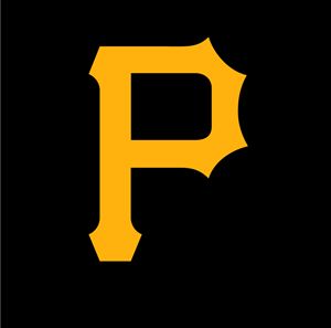 the pittsburgh pirates logo is shown in black and yellow on a dark background with an orange baseball bat