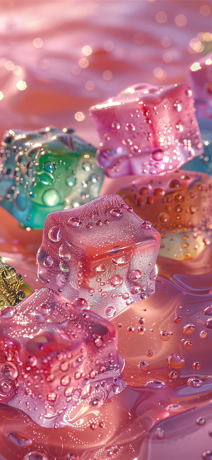 colorful ice cubes floating on top of water in the ocean with bubbles around them