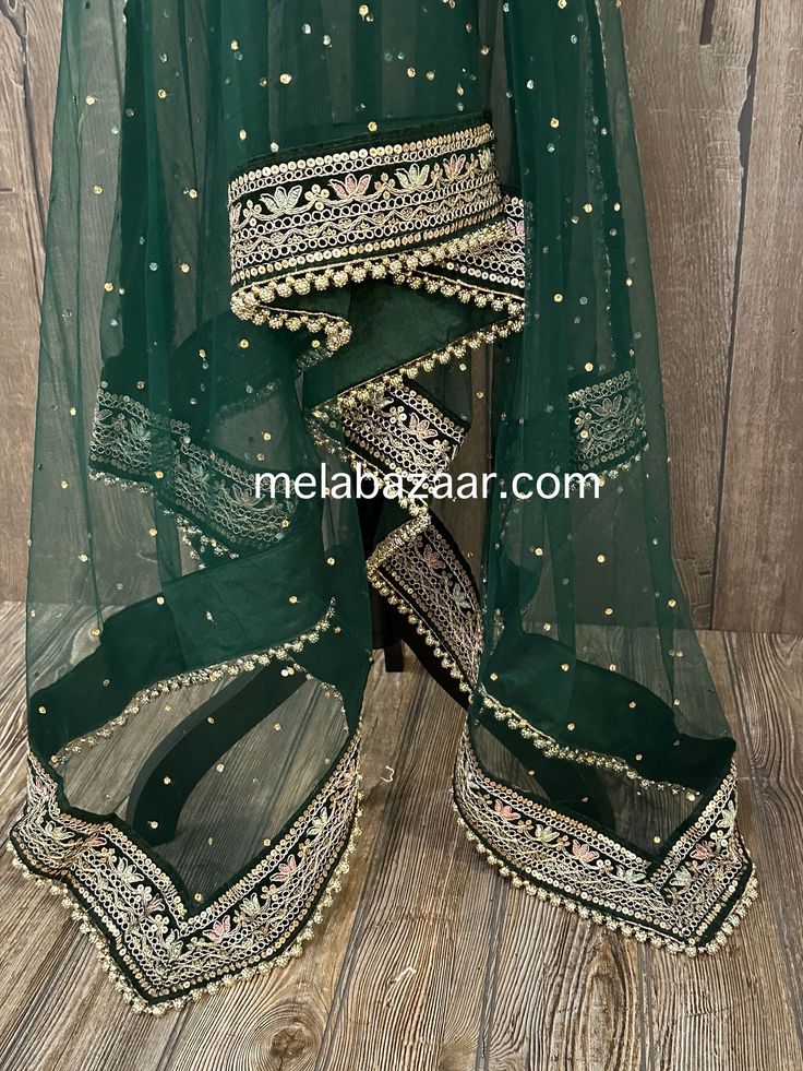 Gorgeous net dupatta with heavy border with beads. Dark Pine Green and Gold Lace designs vary Luxury Dupatta With Pallu For Ceremonial Occasions, Cheap Green Dupatta, Dupatta Border Design, Green Churidar With Sheer Dupatta, Bohemian Sharara With Dupatta In Traditional Drape, Bohemian Sharara With Dupatta And Traditional Drape, Green Traditional Churidar With Sheer Dupatta, Traditional Green Churidar With Sheer Dupatta, Designer Bohemian Dupatta For Festive Occasions