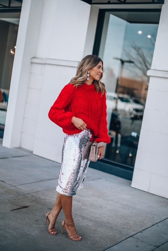 Oversized Red Sweater, Silver Sequin Skirt, Moda Pinup, Trendy Party Outfits, Sequin Pencil Skirt, Christmas Outfits Women, Christmas Party Outfit, Nye Outfits, Christmas Party Outfits