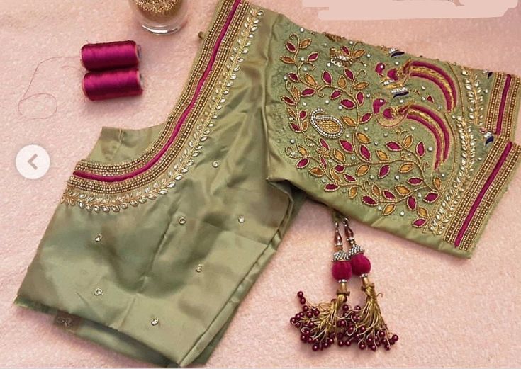 Pattu silk Maggam Blouse with embroidery and kundan work all over sleeves and neck line. This blouse can be made in any other color of your choice. Note - Doris and Latkans provided are complementary so please do not complain about them. We do our best to put best latkans for you. Disclaimer - Actual colors may vary slightly due to computer monitors displaying settings. We try hard to match exact color. For sizes 42+ we charge extra $20 for fabric and workmanship. Please contact us before placin Simple Aari Work Blouse Design, Simple Aari Work Blouse, Blouse Design Aari Work, Floral Blouse Designs, Simple Aari Work, Aari Work Blouse Design, Blouse Maggam Work, Maggam Blouse, Maggam Work Blouse