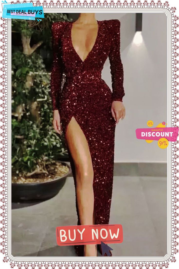 Sexy Formal Solid Sequined V Neck Evening Dress Dresses Fitted V-neck Christmas Dress, V-neck Bodycon Dress For Prom, Red Long Sleeve Mini Dress For Prom, Winter Party Maxi Length Evening Dress, Winter Party V-neck Maxi Dress, Elegant Holiday Club Dresses, V-neck Winter Maxi Dress For Party, Holiday Floor-length Maxi Dress For Date Night, Sequin V-neck Maxi Dress For Date Night