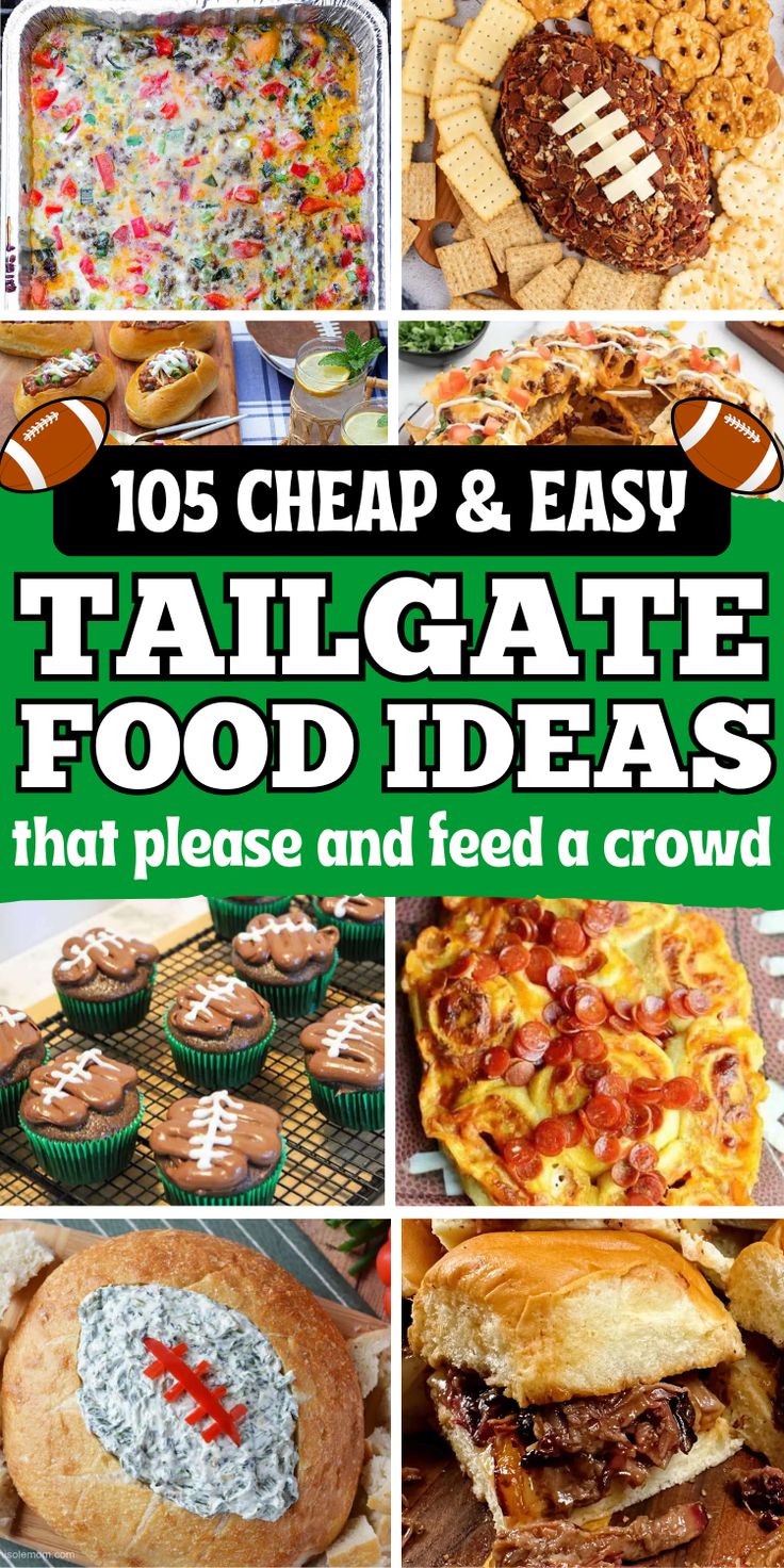 Cheap and easy tailgate food ideas and quick game day snacks for football season. These fall football snacks include appetizers, snacks, desserts, breakfast and dinners that are good tailgating food for at the game or at home. Georgia Tailgate Food, Potatoes For Tailgating, Tailgate Snacks Cold, Chicken Recipes For Football Games, Cheap And Easy Football Food, Tailgate Potluck Ideas, Tailgate Lunch Ideas, Uga Tailgate Food, Homecoming Tailgate Food