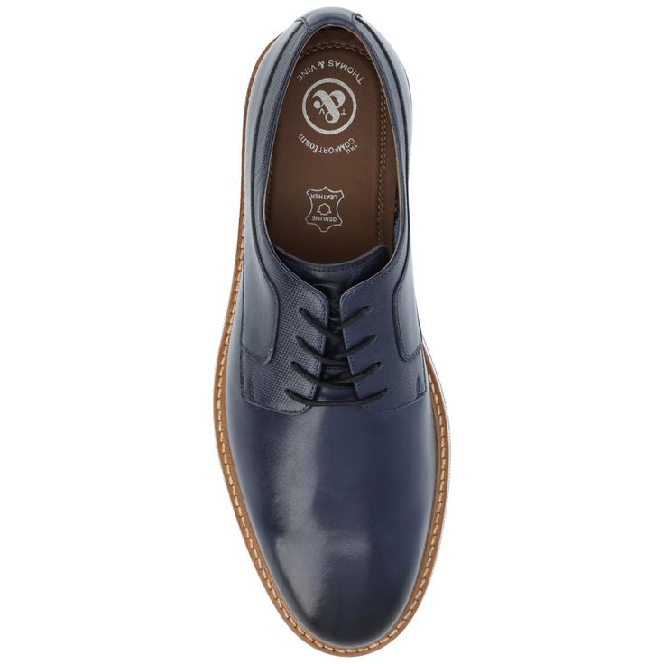 Keep it classy in the Glover derby. This lace-up dress shoe by Thomas & Vine is crafted with genuine leather uppers fastened by a lace-up closure. An 8 mm Comfort Foam™ footbed lines the footbed and finishes this iconic look. This classic look truly strikes the right balance between dressy and casual. Fitted Leather Lace-up Dress Shoes, Fitted Oxford Derby Shoes With Almond Toe, Fitted Almond Toe Derby Oxford Shoes, Fitted Almond Toe Derby Shoes In Oxford, Fitted Almond Toe Derby Shoes, Fitted Leather Lace-up Shoes For Derby, Almond Toe Lace-up Shoes For Derby, Fitted Derby With Rubber Sole For Business Casual, Fitted Leather Shoes For Derby With Plain Toe