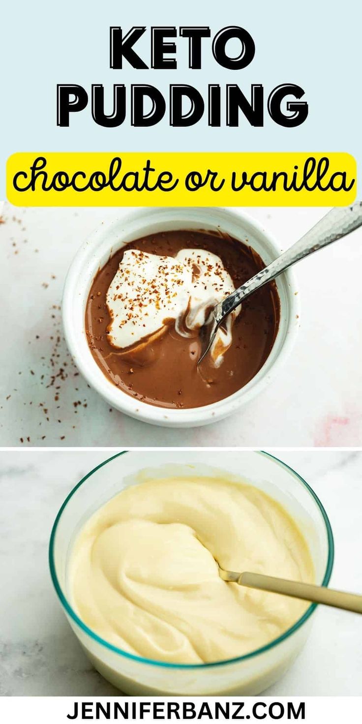 keto pudding in a bowl with chocolate and vanilla