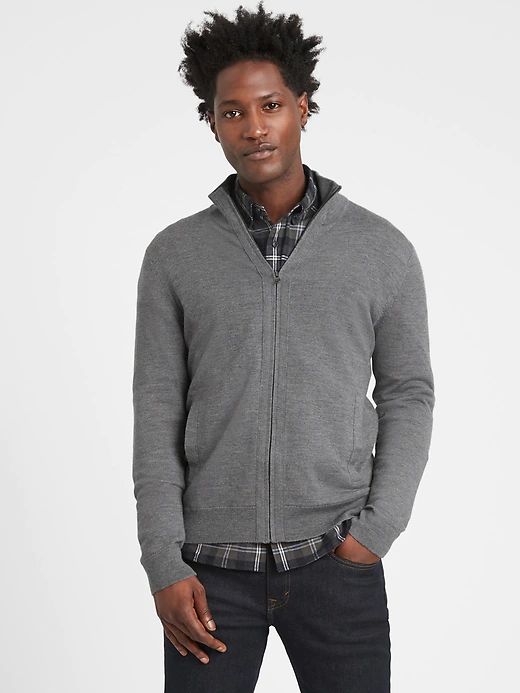 Merino Sweater Jacket | Banana Republic Fitted Merino Wool Outerwear For Layering, Outdoor Long Sleeve Merino Wool Sweater, Outdoor Merino Wool Long Sleeve Sweater, Fall Outdoor Merino Wool Outerwear, Merino Wool Sweater For Cold Weather In Fall, Gray Outerwear With Ribbed Cuffs For Cold Weather, Fall Merino Wool Sweater For Cold Weather, Merino Wool Long Sleeve Outerwear For Winter, Long Sleeve Merino Wool Outerwear For Winter