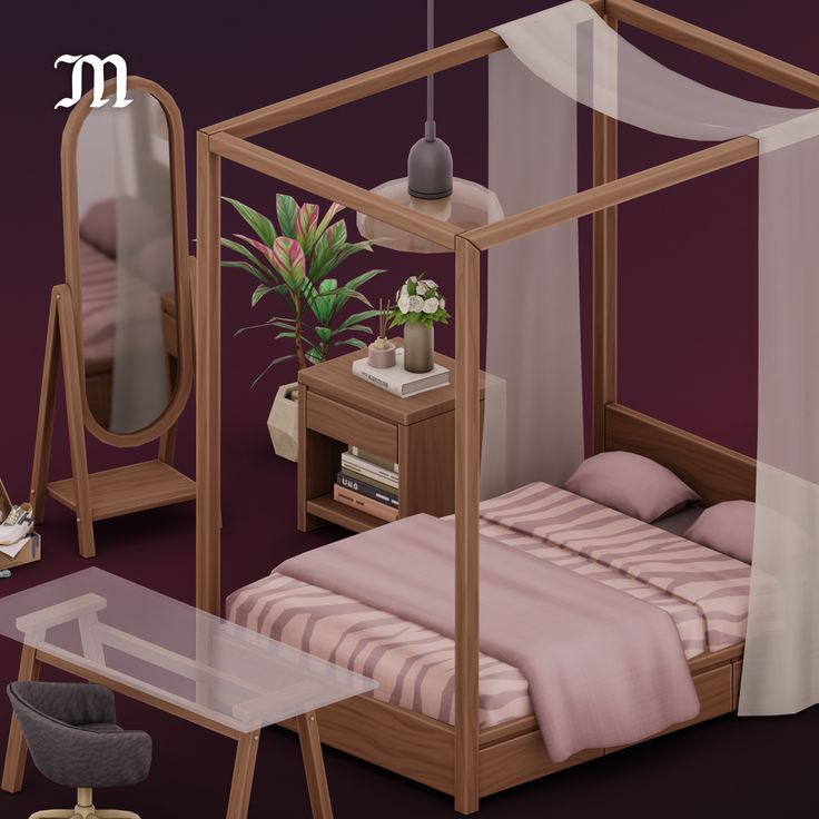 a bedroom with a bed, mirror and desk in it's centerpieces