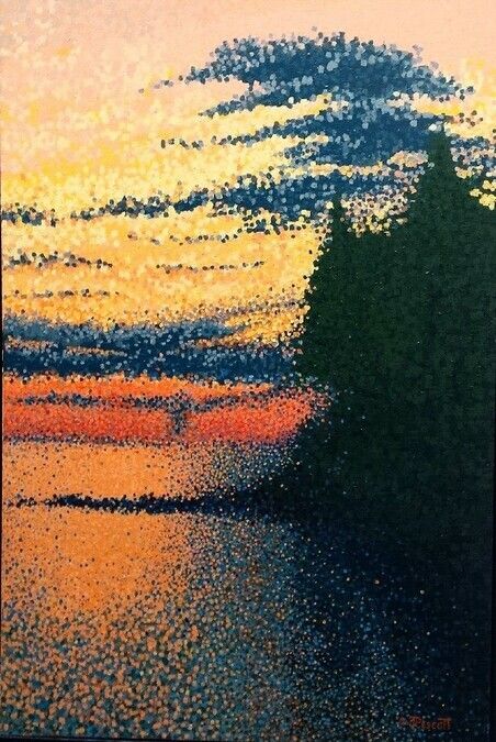 an oil painting of a sunset over water with trees in the foreground and clouds in the background