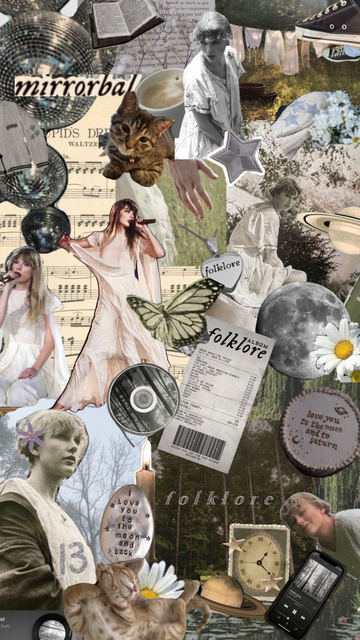 a collage with many different pictures and words on it's side, including an image of a woman holding a cell phone