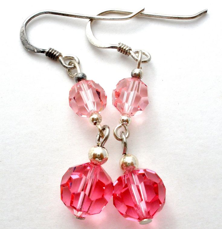 Pink Crystal Bead Earrings Sterling Silver Pink Sterling Silver Earrings For Pierced Ears, Pink Long Drop Earrings As Gift, Nickel-free Pink Beaded Earrings, Pink Dangle Jewelry With Faceted Beads, Pink Faceted Earrings For Gift, Elegant Pink Crystal Earrings With Round Beads, Pink Nickel-free Beaded Drop Earrings, Pink Beaded Drop Crystal Earrings, Pink Beaded Crystal Drop Earrings