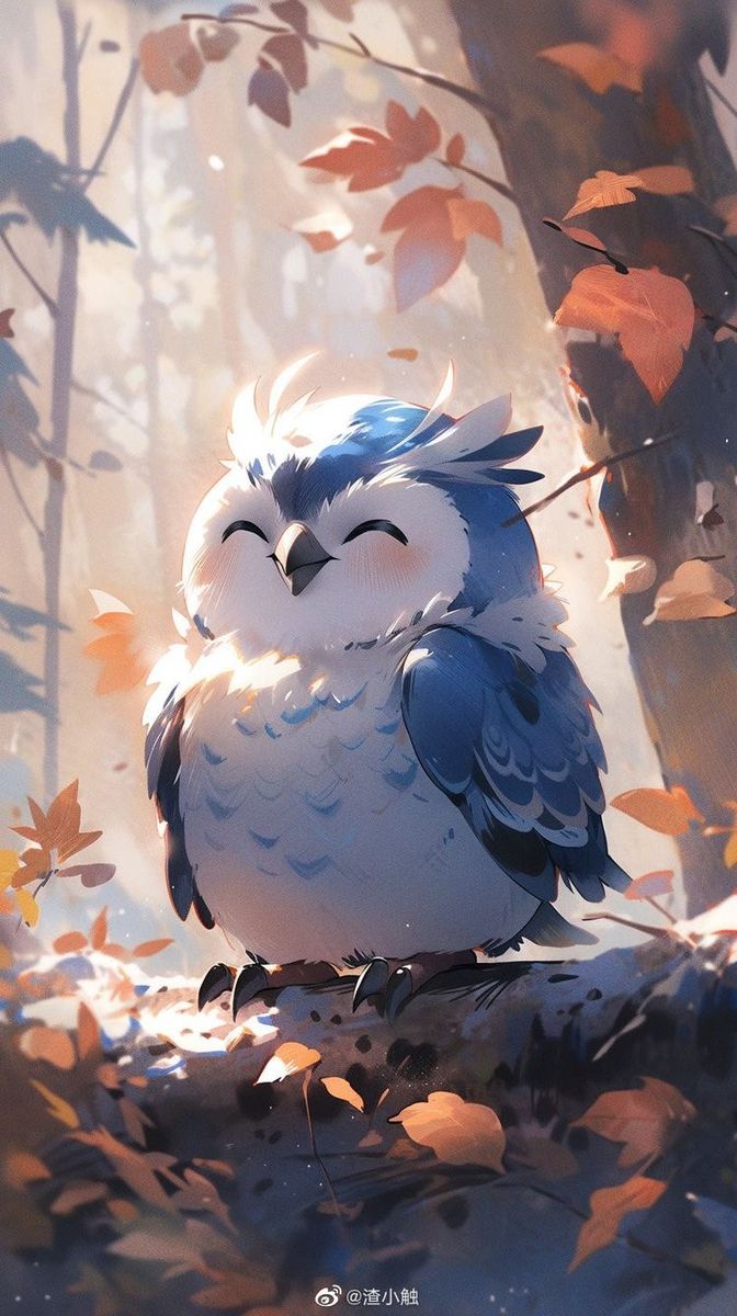 an owl sitting on top of a tree branch in the middle of fall leaves with its eyes closed